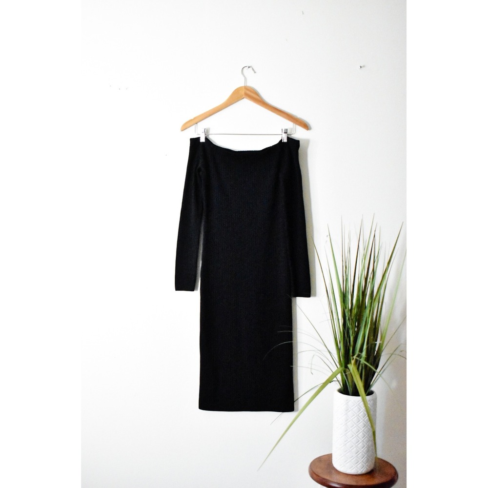 Michael Kors Sweater Dress Womens‎ Large Black Modern Off-Shoulder Ribbed Knit